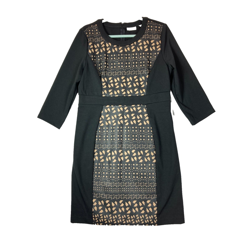 NY&Co Women's SIZE LARGE Black Bodycon Sheath Dress 3/4 Sleeve Stretch Artsy NWT